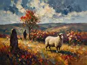 Schaap in diep het landschap in een bloementuin, schilderij van schaap
