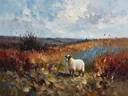Schaap in diep het landschap tussen de grassen, schilderij van schaap