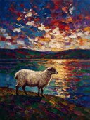 Schaap in diep pose aan het water, schilderij van schaap