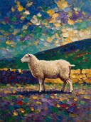 Schaap in diep pose tegen een muur in de schaduw, schilderij van schaap