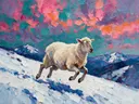 Schaap in donker beweging in de sneeuw, schilderij van schaap