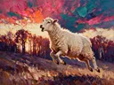 Schaap in donker beweging tussen de bomen, schilderij van schaap