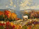 Schaap in donker het landschap in een bloementuin, schilderij van schaap