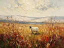 Schaap in donker het landschap tussen de grassen, schilderij van schaap