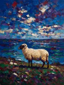 Schaap in donker pose aan het water, schilderij van schaap