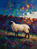 Schaap in donker pose tegen een muur in de schaduw, schilderij van schaap