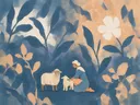 Schaap in grijsblauw en abrikoos, schilderij van schaap