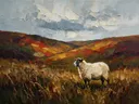 Schaap in het landschap tussen de grassen, schilderij van schaap