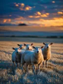 Schaap in het veld, een goudkleurig stoppelveld, een blauw-oranje schemering