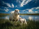 Schaap in het veld, een weide bij het water, een dramatische blauwe lucht