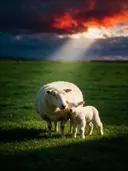 Schaap in het veld, een rustig weiland, een enkele lichtbundel als een spotlicht