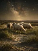 Schaap in het veld, de duinen, een heldere sterrenhemel