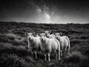 Schaap in het veld, een wilde heide, een heldere sterrenhemel, zwart-wit
