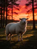 Schaap in het veld, een bosrand, een silhouet tegen een vurige zonsondergang