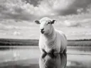 Schaap in het veld, de oever, met een spiegeling in het water, een zacht bewolkte hemel, zwart-wit