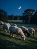 Schaap in het veld, een bosrand, het blauwe uur met een maansikkel
