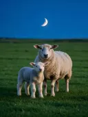 Schaap in het veld, een rustig weiland, het blauwe uur met een maansikkel