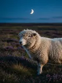 Schaap in het veld, een wilde heide, het blauwe uur met een maansikkel
