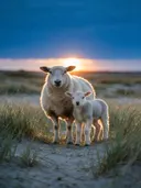 Schaap in het veld, de duinen, het felle tegenlicht van de ondergaande zon