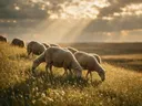 Schaap in het veld, een bloemenweide, lichtbundels door de wolken