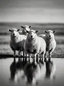 Schaap in het veld, de oever, met een spiegeling in het water, volle herfstkleuren, zwart-wit