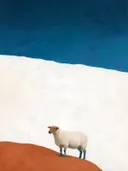 Schilderij van schaap in kalkwit en zeeblauw, in vlakke kleurvlakken