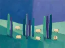 Schilderij van schaap in koele kleuren bij elkaar, in vlakke kleurvlakken