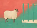 Schilderij van schaap in koraalrood en zeegroen, in vlakke kleurvlakken