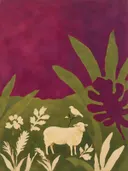 Schilderij van schaap in magenta en olijfgroen, in vlakke kleurvlakken