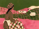 Schilderij van schaap in olijf en roze, in vlakke kleurvlakken