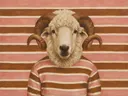 Schilderij van schaap in poederroze en bruin, in vlakke kleurvlakken