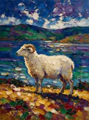 Schaap in pose aan het water, schilderij van schaap