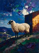 Schaap in pose tegen een muur in de schaduw, schilderij van schaap