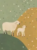 Schilderij van schaap in salie en oker, in vlakke kleurvlakken