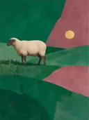 Schilderij van schaap in smaragd en oud roze, in vlakke kleurvlakken