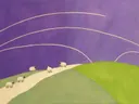 Schilderij van schaap in violet en limoen, in vlakke kleurvlakken