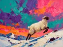 Schaap in warm beweging in de sneeuw, schilderij van schaap
