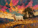 Schaap in warm beweging tussen de bomen, schilderij van schaap