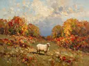 Schaap in warm het landschap in een bloementuin, schilderij van schaap