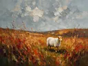 Schaap in warm het landschap tussen de grassen, schilderij van schaap
