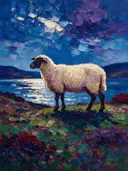 Schaap in warm pose aan het water, schilderij van schaap
