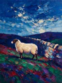Schaap in warm pose tegen een muur in de schaduw, schilderij van schaap