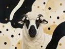 Schilderij van schaap in zwart en gebroken wit, in vlakke kleurvlakken