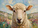 Schaap portret in diep een bloementuin, schilderij van schaap portret