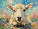 Schaap portret in een bloementuin, schilderij van schaap portret