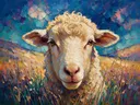 Schaap portret tussen de grassen in kobalt, schilderij van schaap portret tussen de grassen, met het paletmes geschilderd...