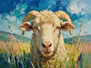 Schaap portret tussen de grassen in petrol, schilderij van schaap portret tussen de grassen, met het paletmes geschilderd...