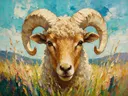 Schaap portret tussen de grassen, schilderij van schaap portret tussen de grassen, met het paletmes geschilderd