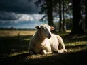 Schaap rustend, een bosrand, een enkele lichtbundel als een spotlicht