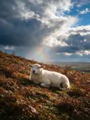 Schaap rustend, een varenhelling, een fris moment na de regen